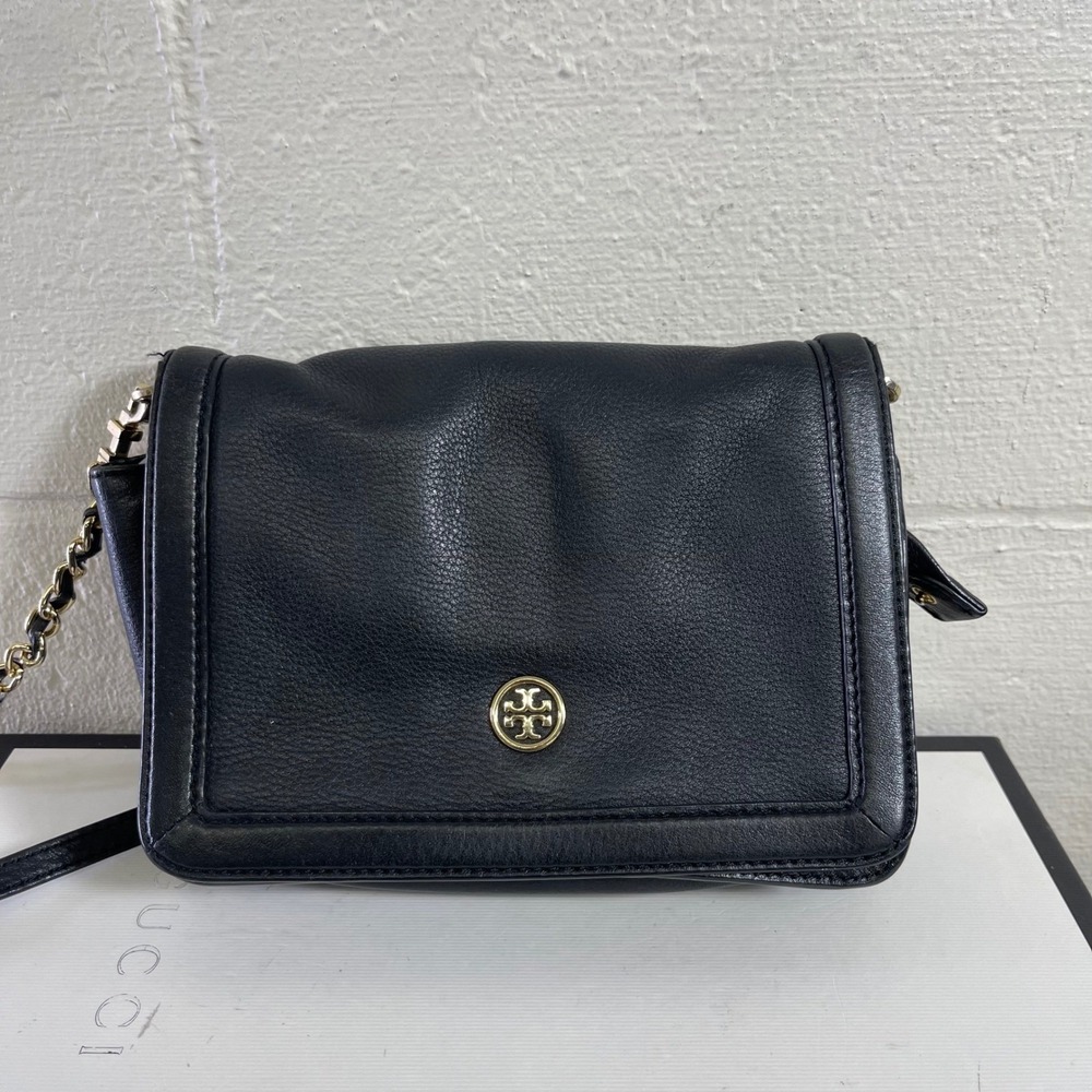 Tory Burch Black Pebbled Leather Crossbody Bag Gold Chain Strap